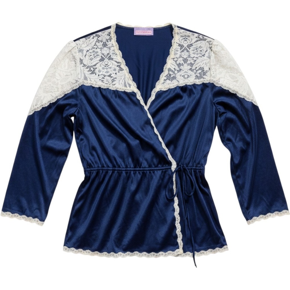 Vintage Beth Michaels Navy Blue Lace Wrap Pajama Set Top and Pants 2pc XL